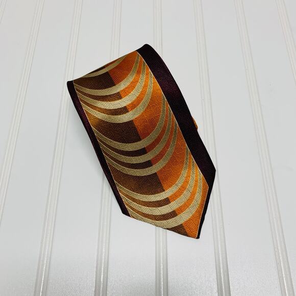 Vintage Necktie  Tie Wide 70s Brown Orange Geometric Design - Picture 3 of 6